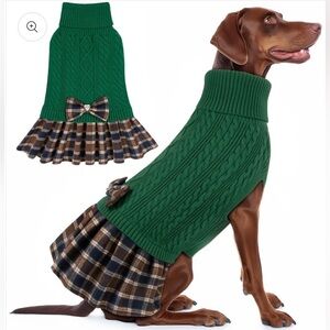 NWT KYEESE Green Cable Knit Dog Dress with Plaid Skirt